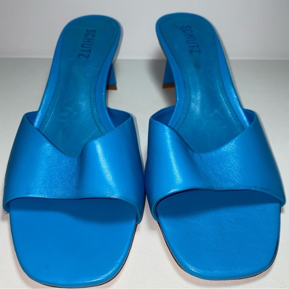 SCHUTZ Liza Lo Leather Azure Women's Vibrant Blue Heeled Slides - Picture 2 of 9